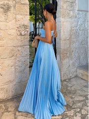 Unique Blue Pleated Halter A-line Prom Dress, Evening Dress, PD381986