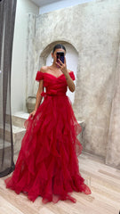 Romantic Purple Tulle Off Shoulder Tiered Prom Dress-Ruffled Layered A-Line Evening Gown, PD3708