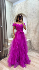 Romantic Purple Tulle Off Shoulder Tiered Prom Dress-Ruffled Layered A-Line Evening Gown, PD3708