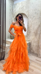 Romantic Purple Tulle Off Shoulder Tiered Prom Dress-Ruffled Layered A-Line Evening Gown, PD3708
