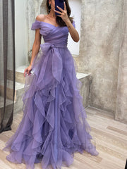 Romantic Purple Tulle Off Shoulder Tiered Prom Dress-Ruffled Layered A-Line Evening Gown, PD3708