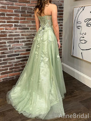 Elegant Green Floral Appliques A-Line Tulle Prom Dress with Slit, PD37718