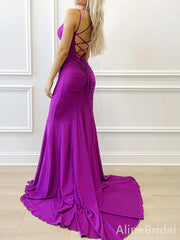 Sexy Purple V-neck Lace-Up Back Mermaid Long Prom Dress-Spaghetti Strap Evening Dress,PD37719