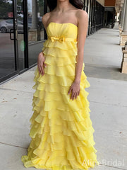 Elegant Yellow Chiffon Strapless A-line Long Prom Dress, Evening Dress, PD37720