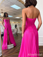 Elegant Hot Pink Strapless Cut-Out High Slit A-line Long Prom Dress, Evening Dress, PD37725