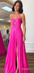Elegant Hot Pink Strapless Cut-Out High Slit A-line Long Prom Dress, Evening Dress, PD37725