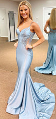 Elegant Pale Blue Lace Applique Mermaid Prom Dress with Train-Spaghetti Strap Evening Dress,PD37732