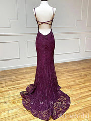 Elegant Purple Lace Beaded Backless Mermaid Prom Dress with Slit-Long Evening Dress, PD37744