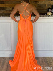 Elegant Orange V-neck Mermaid Prom Dress with Slit-Open Back Evening Dress, PD37793
