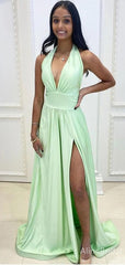 Elegant Green Halter A-line Long Prom Dress with Slit-V-neck Bow Detailing Evening Dress,PD37795