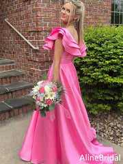 Elegant Hot Pink Ruffled V-Neck A-line Prom Dress-High Slit Long Evening Gown, PD37755