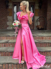 Elegant Hot Pink Ruffled V-Neck A-line Prom Dress-High Slit Long Evening Gown, PD37755