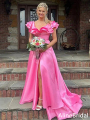 Elegant Hot Pink Ruffled V-Neck A-line Prom Dress-High Slit Long Evening Gown, PD37755