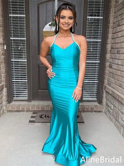 Elegant V-neck Halter Backless Blue Mermaid Long Prom Dress, Evening Dress, PD37756