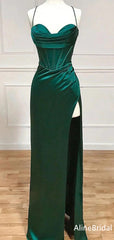 Elegant Emerald Green Corset Prom Dress with Slit, Evening Dress, PD37761