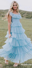 Elegant Sky Blue A-line Tulle Tiered Prom Dress-Ruffled Evening Dress, PD37766