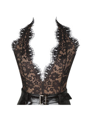 Faris Mahogany Plunging Halter Belted Mini Dress