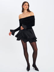 Magnolia Black Off-Shoulder Layered Satin Mini Dress