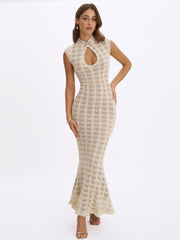 Xylona Beige & Gold Crochet Teardrop Neckline Mermaid Maxi Dress
