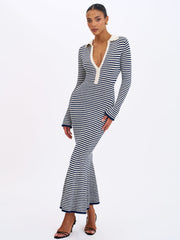 Xelie Navy & White Cotton Terry Knit Mermaid Maxi Dress