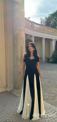 Elegant Spaghetti Straps Black& White Solid Patchwork A-line Maxi Prom Dress, Formal Dress, PD382244