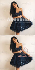 Sweet Navy Tulle Sweetheart Strapless Beading Handmade Flowers Homecoming Dresses,BD00215