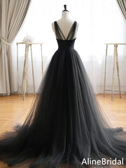 Elegant V-neck Black A-line Long Prom Dress, Evening Dress, PD37782
