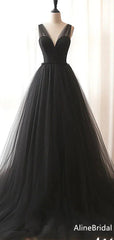Elegant V-neck Black A-line Long Prom Dress, Evening Dress, PD37782