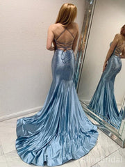 Sparkly Blue V-neck Backless Spaghetti Strap Mermaid Long Prom Dress, PD37844