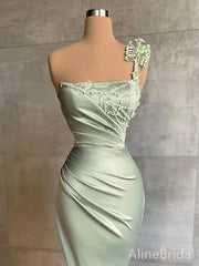 Elegant Green Satin Floral One Shoulder Mermaid Prom Dress, PD37846