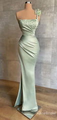 Elegant Green Satin Floral One Shoulder Mermaid Prom Dress, PD37846