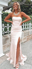 Elegant Strapless Side Slit Pink Mermaid Prom Dress with Train, Evening Dress, PD37811
