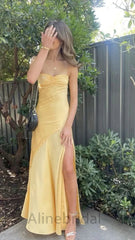 Minimalist Yellow Strapless Long Prom Dress with Slit, PD3742