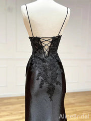 Sexy Black V-neck High Slit Sheath Long Prom Dress, Lace-Up Back Evening Dress, PD37860