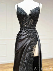 Sexy Black V-neck High Slit Sheath Long Prom Dress, Lace-Up Back Evening Dress, PD37860