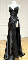 Sexy Black V-neck High Slit Sheath Long Prom Dress, Lace-Up Back Evening Dress, PD37860