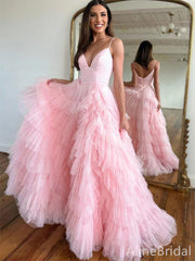 Stunning Pink Spaghetti Strap A-line Ruffle Tulle Prom Ball Gown, PD37871