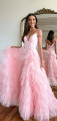 Stunning Pink Spaghetti Strap A-line Ruffle Tulle Prom Ball Gown, PD37871