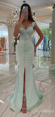 Elegant Mint Green Beaded Mermaid Prom Dress with Slit, PD37875