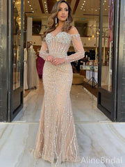 Glamorous Champagne Beaded Mermaid Prom Dress with Long Sleeves -Illusion Evening Gown, PD37879