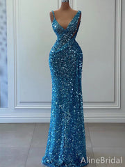 Sparkly Blue Sequins V-neck Mermaid Prom Dress-Long Evening Dress, PD37888