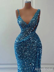 Sparkly Blue Sequins V-neck Mermaid Prom Dress-Long Evening Dress, PD37888