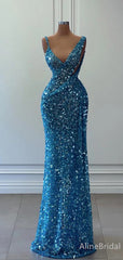 Sparkly Blue Sequins V-neck Mermaid Prom Dress-Long Evening Dress, PD37888
