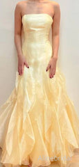Elegant Yellow Tulle Strapless Ruffles A-line Long Prom Dress, Evening Dress, PD3823017