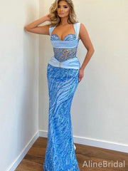 Gorgeous Blue Sequins Mermaid Prom DresS-Long Sweetheart Evening Dress, PD37895