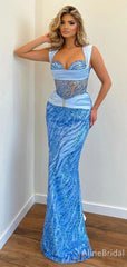 Gorgeous Blue Sequins Mermaid Prom DresS-Long Sweetheart Evening Dress, PD37895
