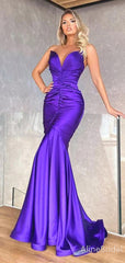 Stunning Purple Satin Strapless Mermaid Prom Dress - Pleated V-Neck Evening Gown with Train, PD37897