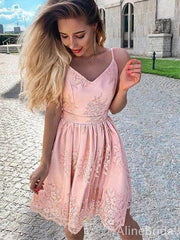 Elegant Spaghetti Strap Pink Bow Back A-line Short Mini Homecoming Dress, HD3125