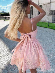 Elegant Spaghetti Strap Pink Bow Back A-line Short Mini Homecoming Dress, HD3125