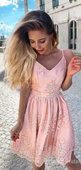 Elegant Spaghetti Strap Pink Bow Back A-line Short Mini Homecoming Dress, HD3125